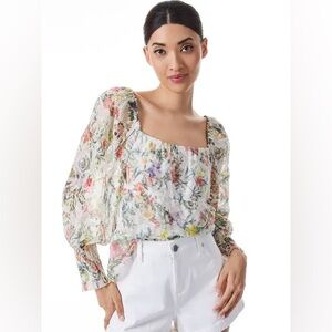 Alice + Olivia Rowa Smocked Cuff Square Neck Blouse